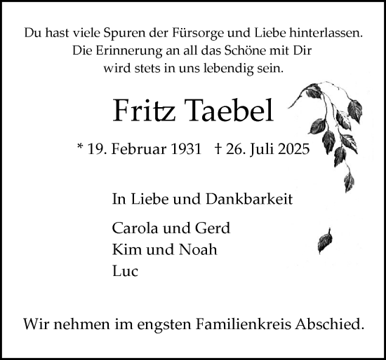Traueranzeige von Fritz Taebel von Elmshorner Nachrichten, Barmstedter Zeitung