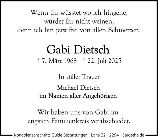Traueranzeige von Gabi Dietsch von MARKT Ahrensburg/Bargteheide/Trittau und Stormarner Tageblatt