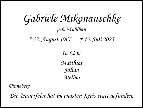 Traueranzeige von Gabriele Mikonauschke von Region Pinneberg und tip Pinneberg