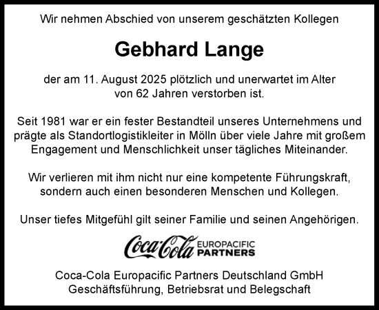 Traueranzeige von Gebhard Lange von MARKT Ratzeburg/Mölln