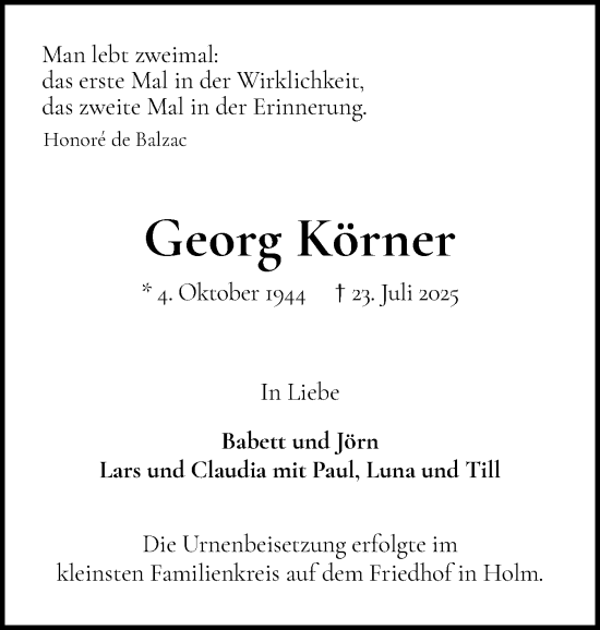 Traueranzeige von Georg Körner von Wedel-Schulauer Tageblatt, tip Wedel-Schulauer Tageblatt, tip Rissener Rundschau