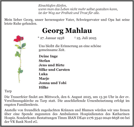 Traueranzeige von Georg Mahlau von Flensburger Tageblatt