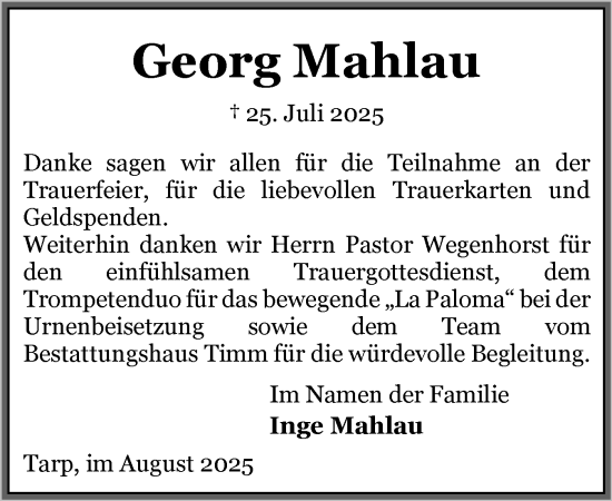 Traueranzeige von Georg Mahlau von Flensburger Tageblatt