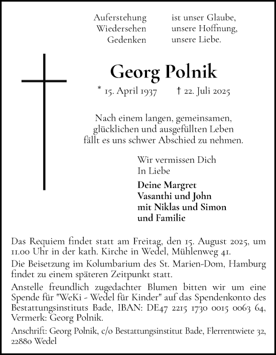 Traueranzeige von Georg Polnik von Wedel-Schulauer Tageblatt, tip Wedel-Schulauer Tageblatt, tip Rissener Rundschau