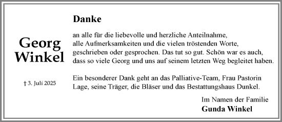Traueranzeige von Georg Winkel von MARKT Ratzeburg/Mölln