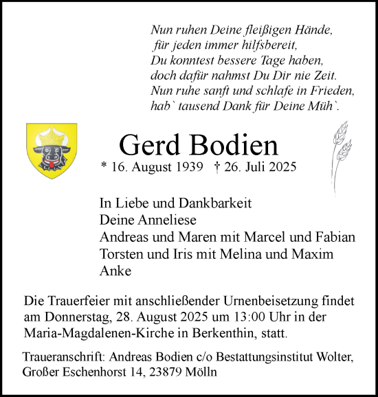 Traueranzeige von Gerd Bodien von Region Pinneberg und tip Pinneberg