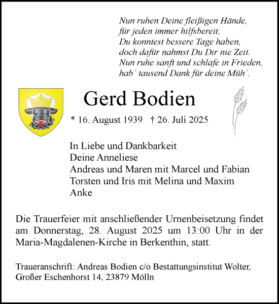 Traueranzeige von Gerd Bodien von MARKT Ratzeburg/Mölln