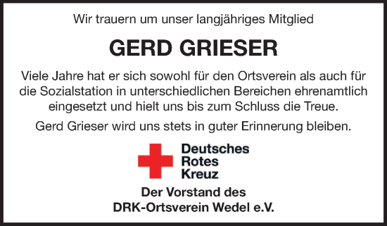 Traueranzeige von Gerd Grieser von Wedel-Schulauer Tageblatt, tip Wedel-Schulauer Tageblatt, tip Rissener Rundschau