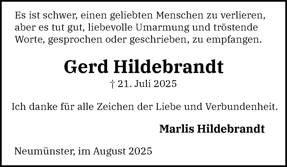  Traueranzeige für Gerd Hildebrandt vom 23.08.2025 aus Holsteinischer Courier