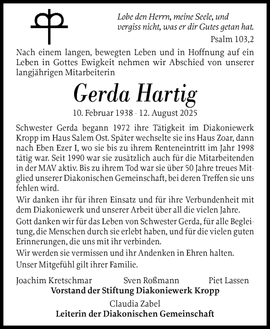 Traueranzeige von Gerda Hartig von Schleswiger Nachrichten, Schlei-Bote