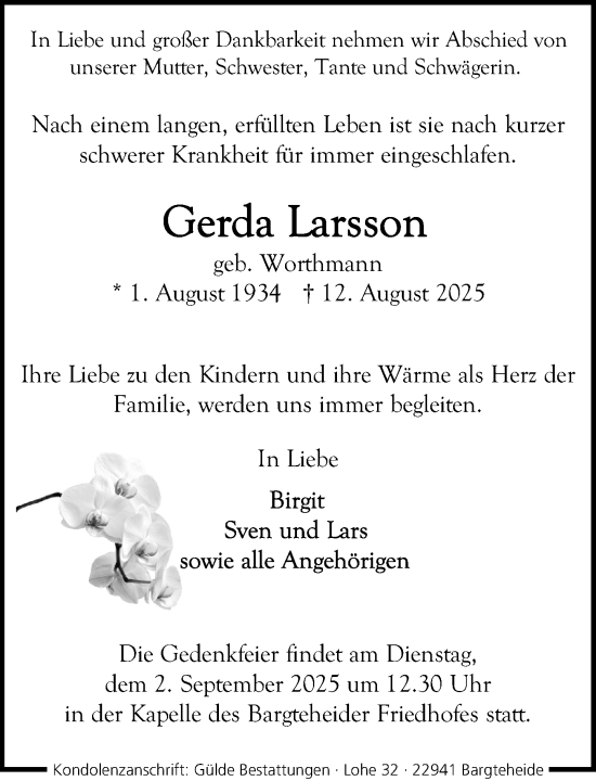 Traueranzeige von Gerda Larsson von MARKT Ahrensburg/Bargteheide/Trittau und Stormarner Tageblatt