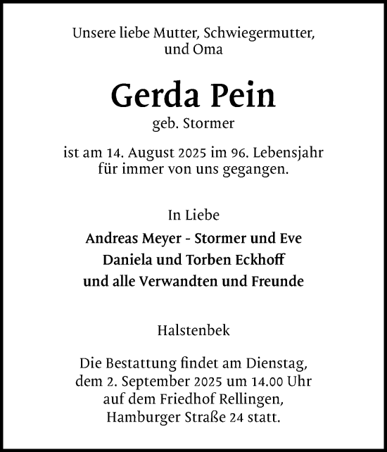 Traueranzeige von Gerda Pein von Region Pinneberg und tip Pinneberg