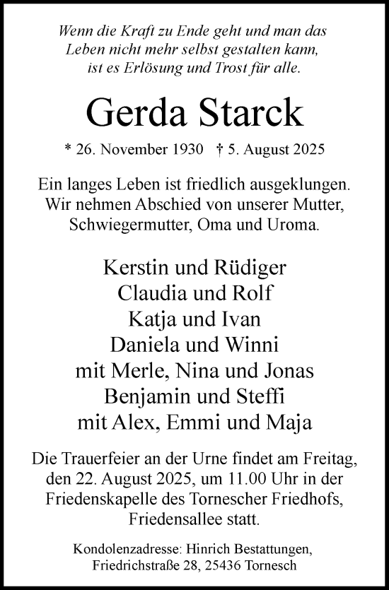 Traueranzeige von Gerda Starck von Elmshorner Nachrichten, Barmstedter Zeitung