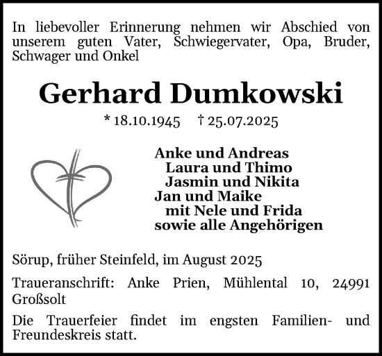 Traueranzeige von Gerhard Dumkowski von Schleswiger Nachrichten, Schlei-Bote