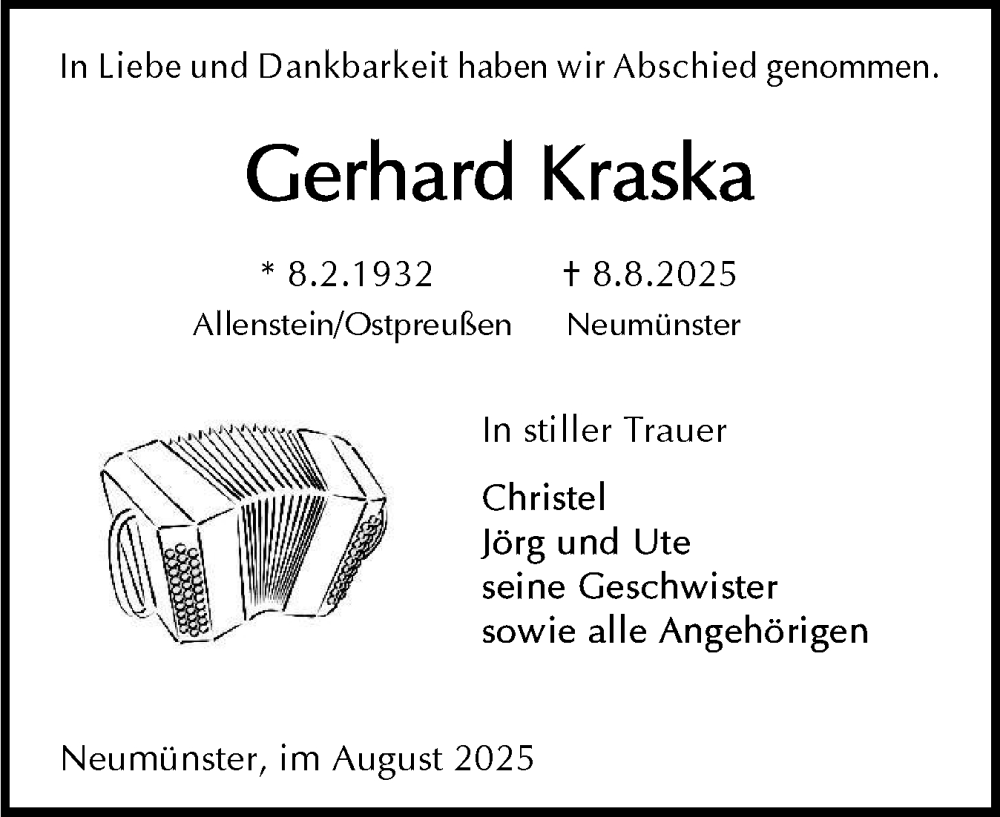  Traueranzeige für Gerhard Kraska vom 30.08.2025 aus Holsteinischer Courier