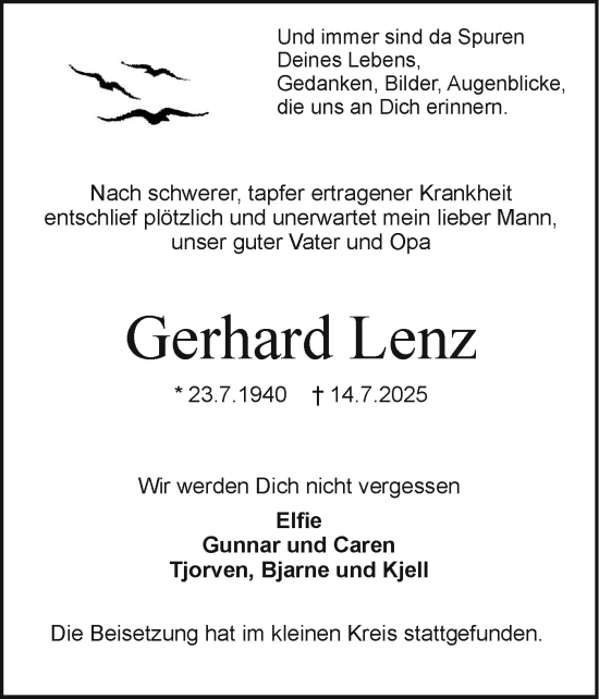 Traueranzeige von Gerhard Lenz von Schleswig-Holsteinische Landeszeitung
