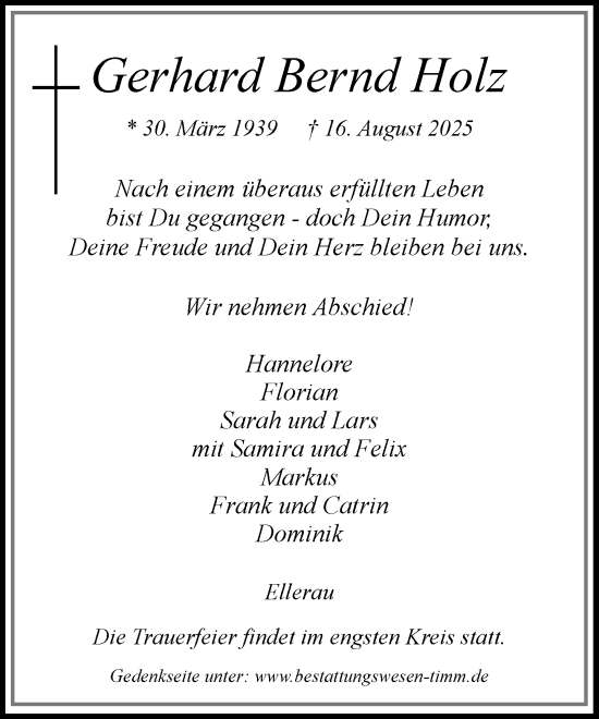 Traueranzeige von Gerhard Bernd Holz von Umschau