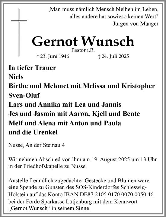 Traueranzeige von Gernot Wunsch von MARKT Ratzeburg/Mölln