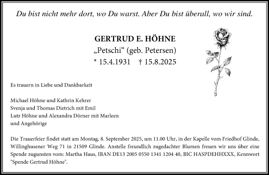 Traueranzeige von Gertrud E. Höhne von MARKT Glinde/Reinbek