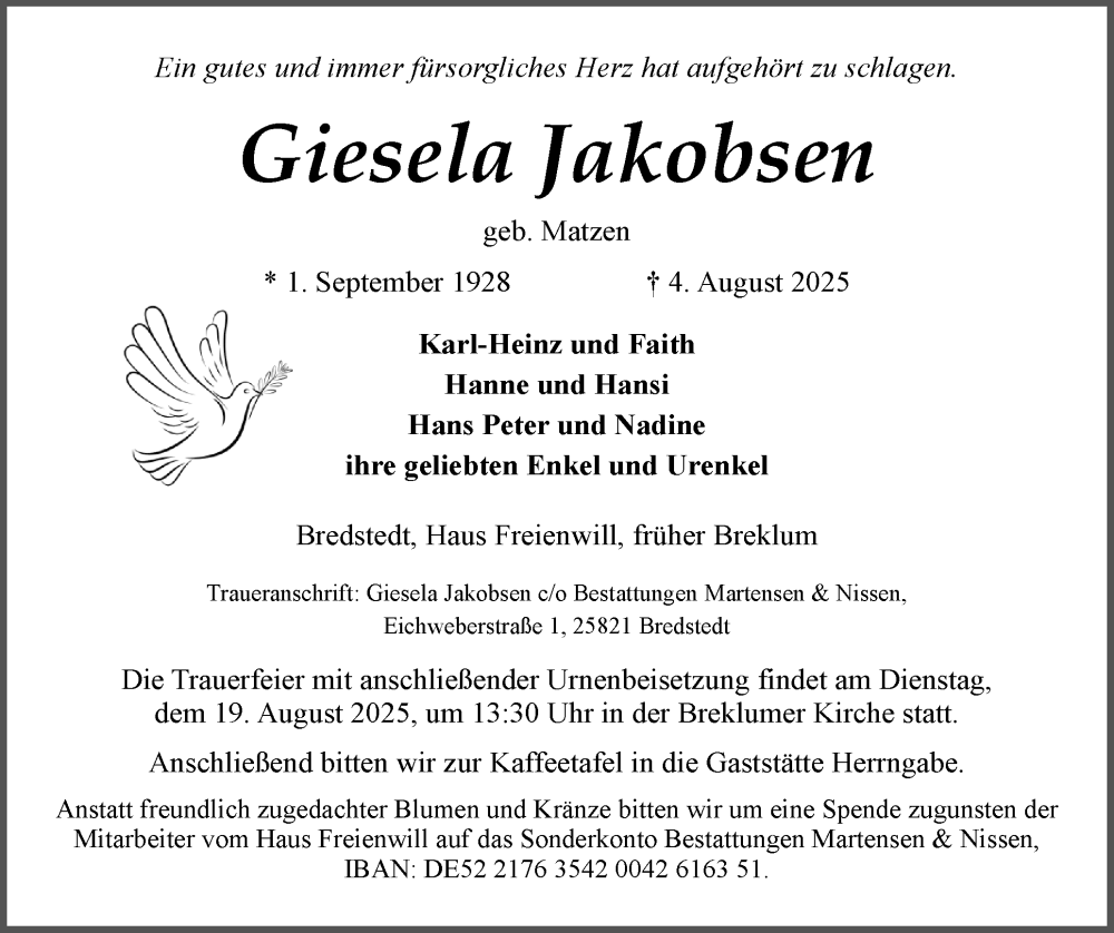 Traueranzeige für Giesela Jakobsen vom 09.08.2025 aus Husumer Nachrichten, Nordfriesland Tageblatt