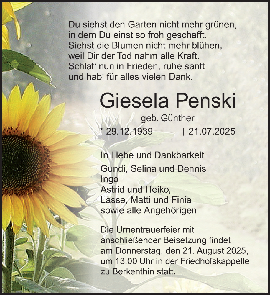  Traueranzeige für Giesela Penski vom 16.08.2025 aus MARKT Ratzeburg/Mölln