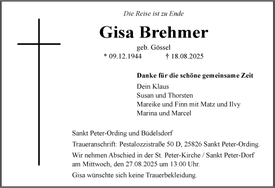 Traueranzeige von Gisa Brehmer von Husumer Nachrichten, Nordfriesland Tageblatt