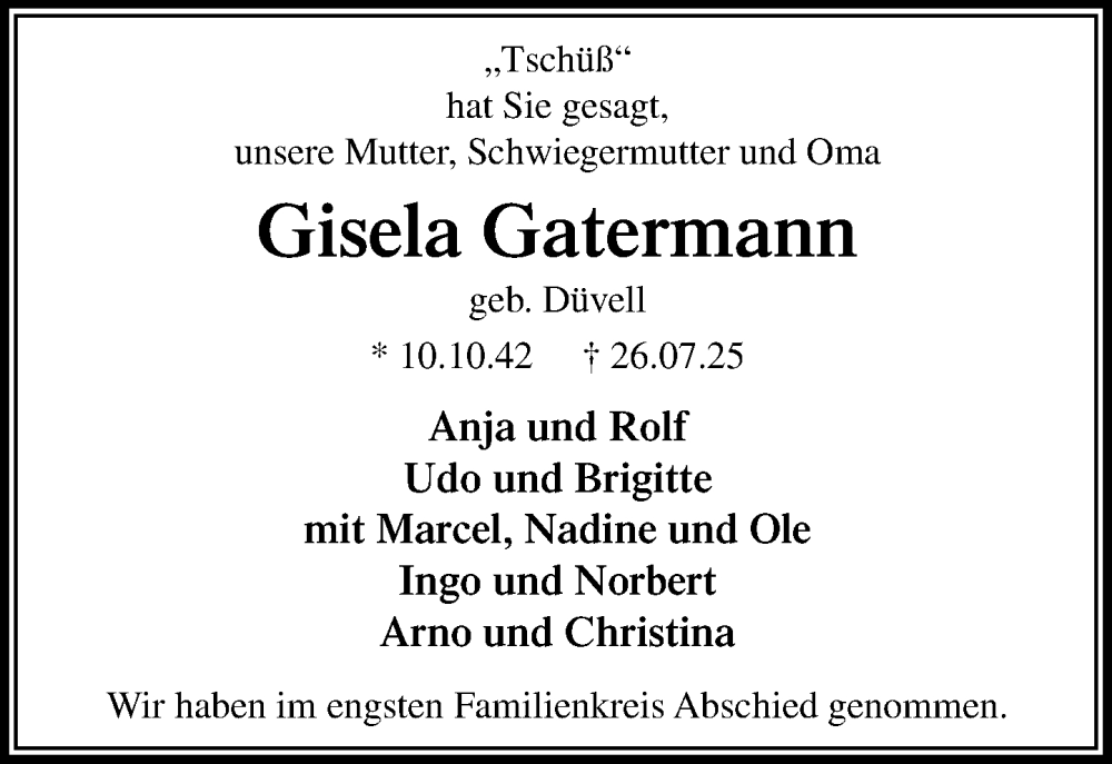  Traueranzeige für Gisela Gatermann vom 23.08.2025 aus MARKT Ahrensburg/Bargteheide/Trittau und Stormarner Tageblatt
