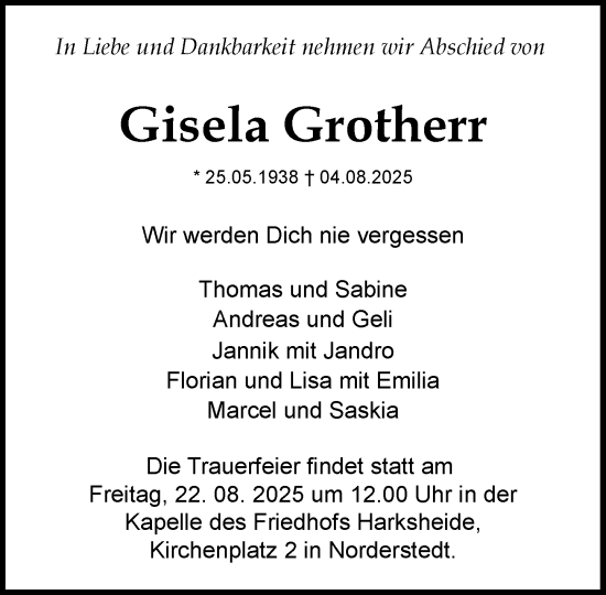Traueranzeige von Gisela Grotherr von Heimatspiegel