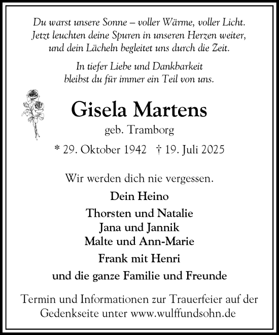 Traueranzeige von Gisela Martens von Heimatspiegel