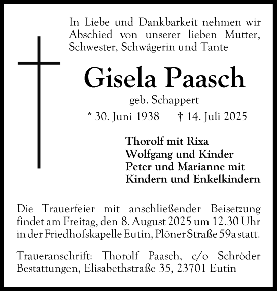 Traueranzeige von Gisela Paasch von Ostholsteiner Anzeiger