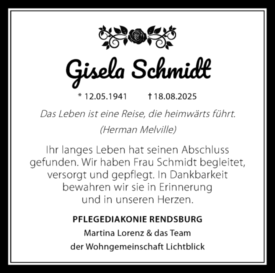 Traueranzeige von Gisela Schmidt von Schleswig-Holsteinische Landeszeitung