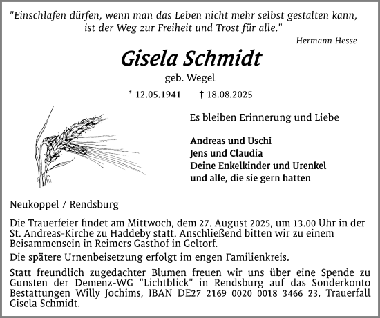 Traueranzeige von Gisela Schmidt von Schleswiger Nachrichten, Schlei-Bote