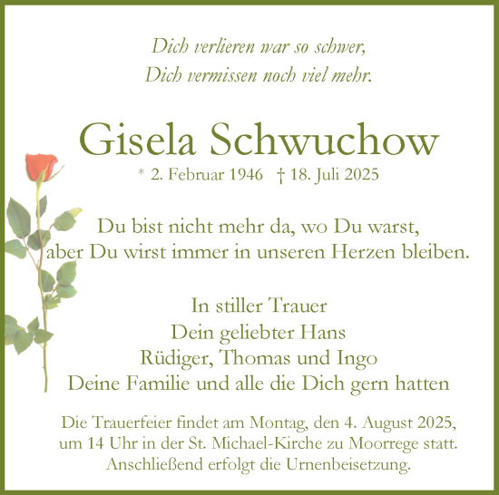Traueranzeige von Gisela Schwuchow von Uetersener Nachrichten, Der tip am Wochenende