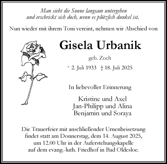 Traueranzeige von Gisela Urbanik von MARKT Bad Oldesloe/Reinfeld und Stormarner Tageblatt