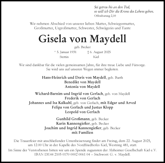Traueranzeige von Gisela von Maydell von Eckernförder Zeitung