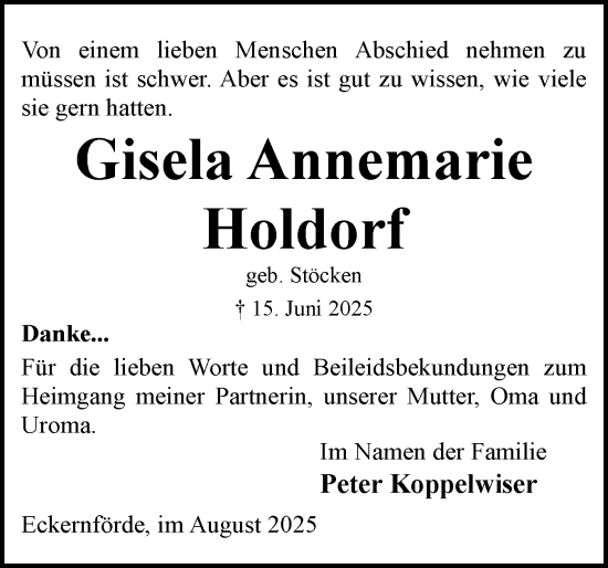 Traueranzeige von Gisela Annemarie Holdorf von Eckernförder Zeitung, Hallo Eckernförde