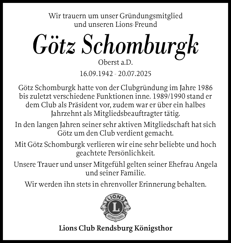  Traueranzeige für Götz Schomburgk vom 02.08.2025 aus Schleswig-Holsteinische Landeszeitung