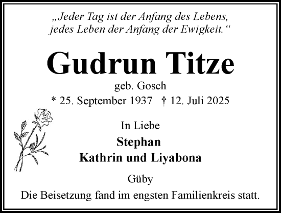 Traueranzeige von Gudrun Titze von Eckernförder Zeitung, Hallo Eckernförde