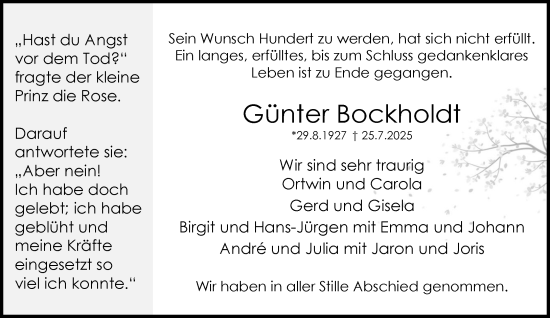 Traueranzeige von Günter Bockholdt von MARKT Ratzeburg/Mölln