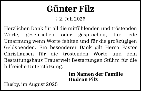 Traueranzeige von Günter Filz von Flensburger Tageblatt