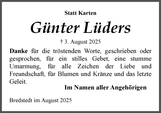 Traueranzeige von Günter Lüders von Husumer Nachrichten, Nordfriesland Tageblatt