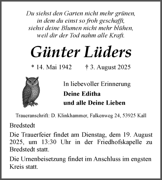 Traueranzeige von Günter Lüders von Husumer Nachrichten, Nordfriesland Tageblatt