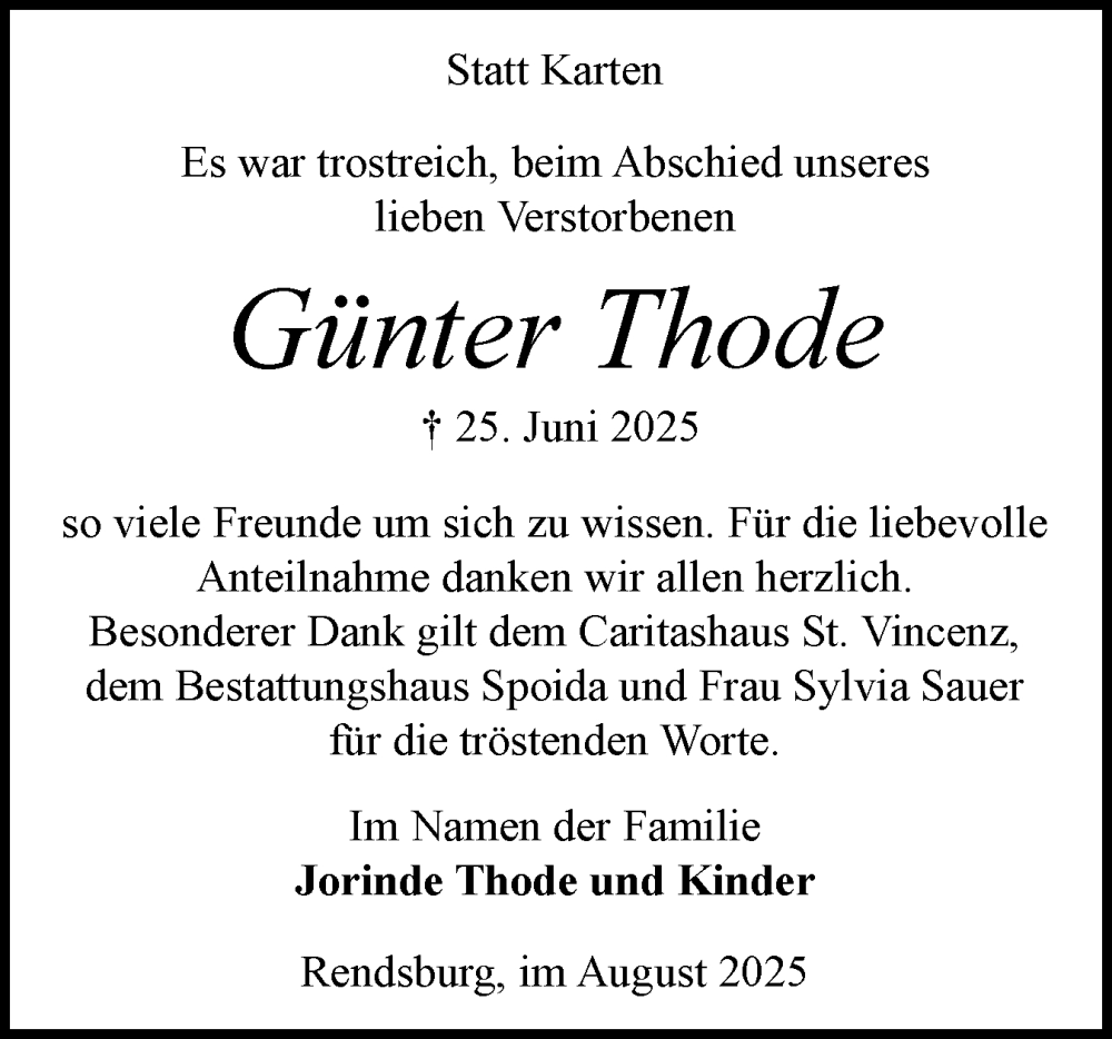  Traueranzeige für Günter Thode vom 09.08.2025 aus Schleswig-Holsteinische Landeszeitung