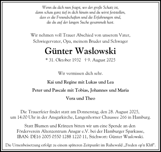 Traueranzeige von Günter Waslowski von Heimatspiegel