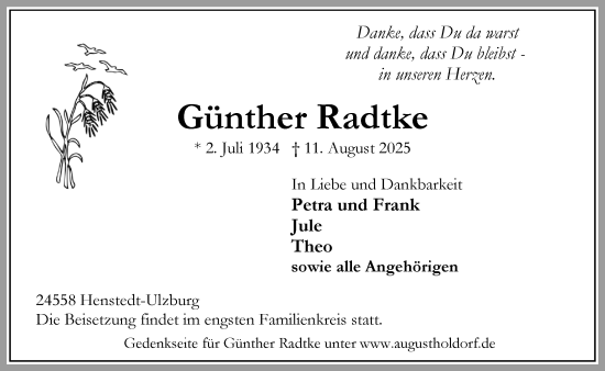 Traueranzeige von Günther Radtke von Umschau