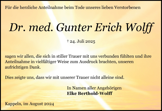 Traueranzeige von Gunter Erich Wolff von Schleswiger Nachrichten, Schlei-Bote