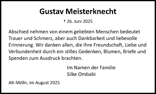 Traueranzeige von Gustav Meisterknecht von MARKT Ratzeburg/Mölln