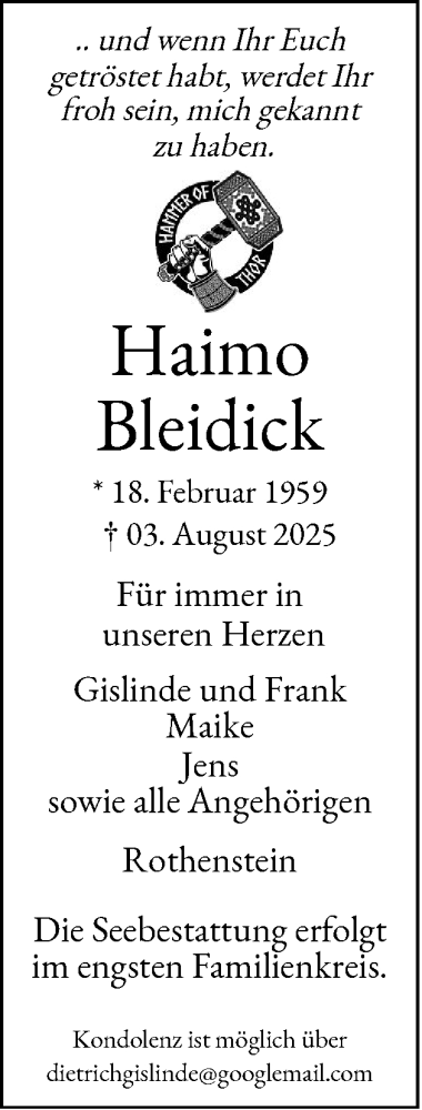 Traueranzeige von Haimo Bleidick von Eckernförder Zeitung, Hallo Eckernförde