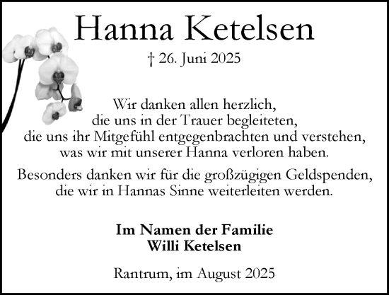 Traueranzeige von Hanna Ketelsen von Husumer Nachrichten, Nordfriesland Tageblatt