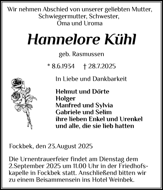 Traueranzeige von Hannelore Kühl von Schleswig-Holsteinische Landeszeitung